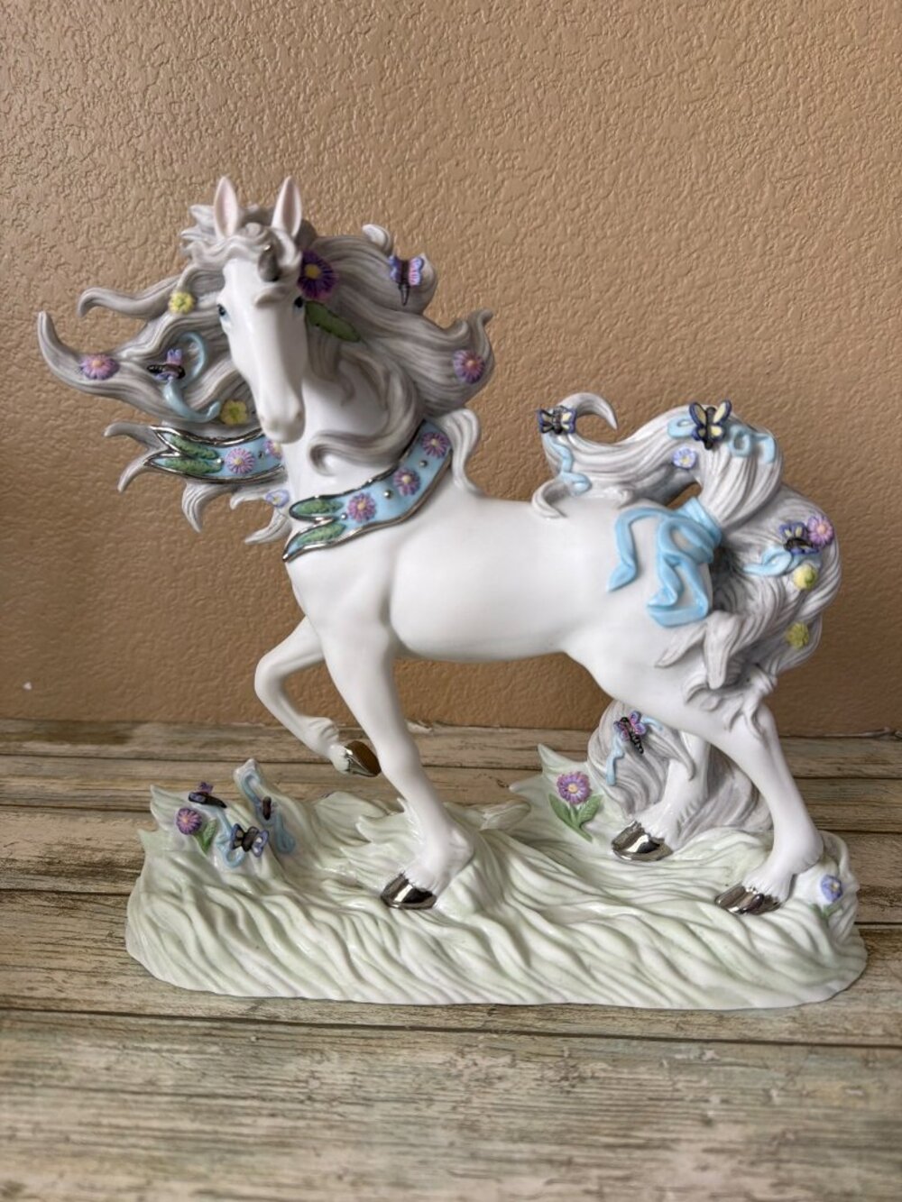 Princeton Gallery Meadow Unicorn Porcelain Figure 2001 Butterflies Flowers w/COA